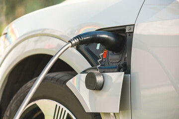 Charging an electric car with a connected power cable close-up.  The concept of ecological...