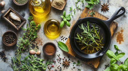 Assortment of herbs and spices with olive oil in a skillet on a rustic surface