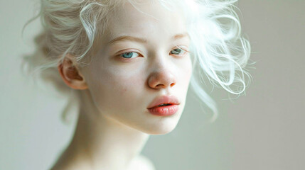 Young albino woman with pale skin and white, wavy hair, blue eyes, looking pensive - obrazy, fototapety, plakaty