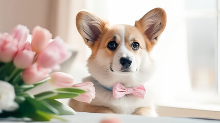 Cute corgi puppy with a bow, a bouquet of tulips and gifts. Suitable for greeting cards, copy space for spring holidays - Mother's Day, March 8 and Valentine's Day, as well as promotions for pet care.