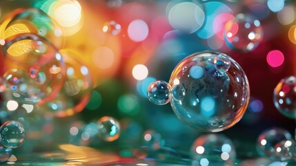 Soap bubbles floating in the air with a sunlit backdrop, reflecting vivid colors
