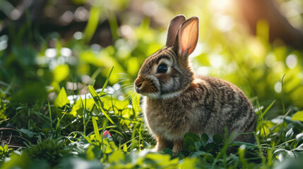 Naklejka na ściany i meble A young rabbit sits in a sunlit patch among vibrant green foliage, its fur soft and detailed