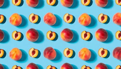 peaches pattern top view of fresh fruits on a blue background repetition concept