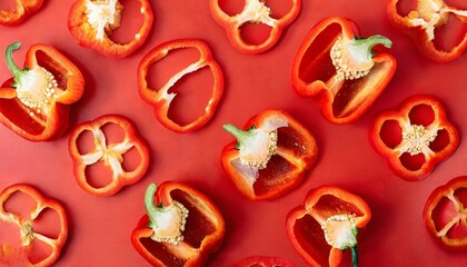 paprika slices pattern on a red background viewed from above red pepper slices on a solid background top view