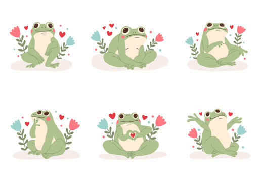 Collection of funny frog characters for Valentine's day. Funny thoughtful frog. Green toad in love. 