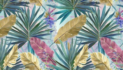 pastel color banana leaves palms tropical seamless pattern hand painted vintage 3d illustration bright glamorous floral background design luxury wallpaper cloth fabric printing digital paper