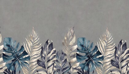 blue vintage tropical leaves in seamless border design premium wallpaper luxury silver grey background texture mural art 3d dark watercolor floral illustration golden beige subdued pink colors - obrazy, fototapety, plakaty