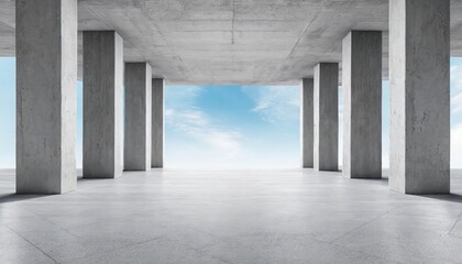 abstract empty modern concrete room with rows of pillars ceiling sky opening in the center and...