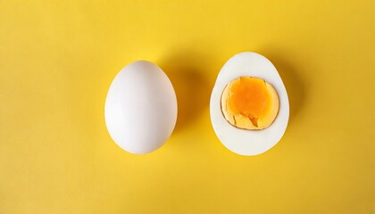 single whole white egg and halved boiled egg with yolk on a yellow background top view