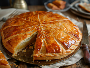 Delicious close up of a Galette de Rois, traditional french pastry eaten on 6th January. - obrazy, fototapety, plakaty