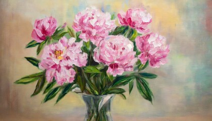 Obraz na płótnie Canvas oil painting with bouquet of pink peonies ai