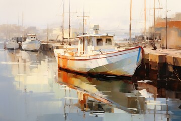picture  fishing boats in the harbor ,draw