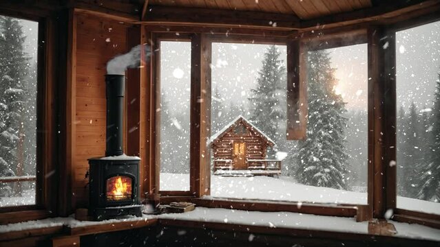 broken house, window broken, chimney place inside wooden cabin with window view to the snow fall, winter forest
