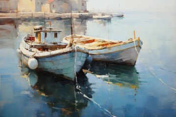 picture  fishing boats in the harbor ,draw