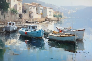 Fototapeta na wymiar picture fishing boats in the harbor ,draw