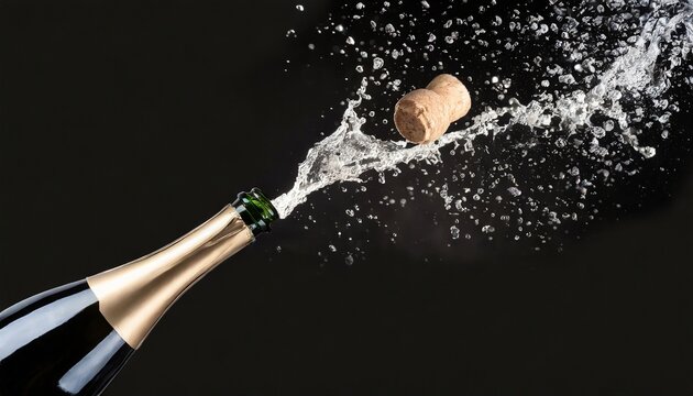 champagne bottle with cork flying with splashing liquid on black
