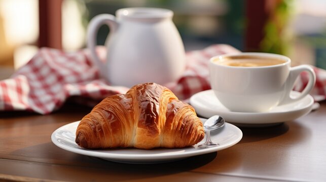  a croissant on a plate next to a cup of coffee and a pitcher of milk on a table.