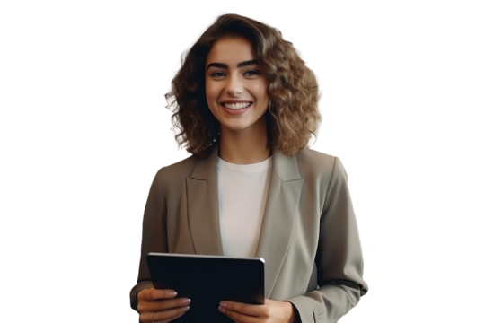 Smart uses a tablet freelancer business woman smiling in business clothes shirt in the office. Transparent background.