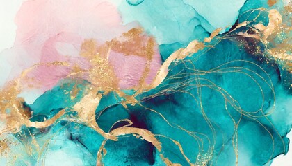 abstract teal and blue accent background with rose gold design texture watercolour painting graphic for printed materials luxury hand drawn art decoration fluid art design - obrazy, fototapety, plakaty