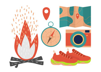 Tourist set. Compass, terrain map, sneakers, fire, camera isolated on white background. Flat vector illustration in old style. Camping equipments, travel tool, hiking gear adventure camp.
