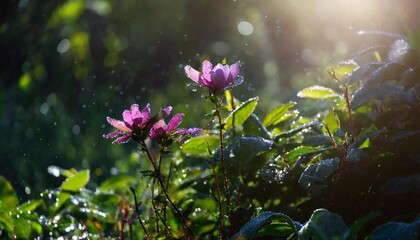 enchanted forest plants with dew drops highlighted by morning light