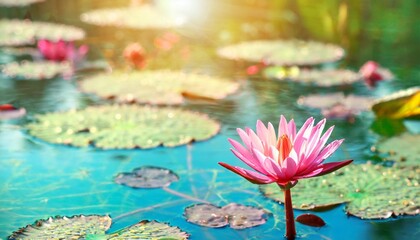 pink lotus flower in the middle of a pond with cyan water warm lighting