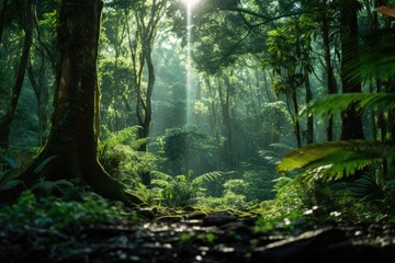 Fototapeta premium Tropical Jungle Stream with Sunlight and Dense Vegetation in Wild Nature