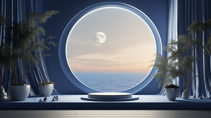 Serene Ocean View through Porthole Window, tranquil scene through a round porthole window showing a calm ocean and the moon, flanked by indoor plants, suggesting peace and reflection