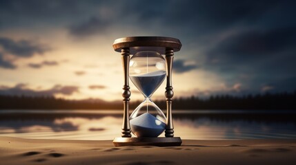  an hourglass sitting on top of a sandy beach next to a body of water with a sunset in the background. - obrazy, fototapety, plakaty