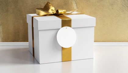 white box mockup with gold wrapping paper and white sticker on white table 3d rendering