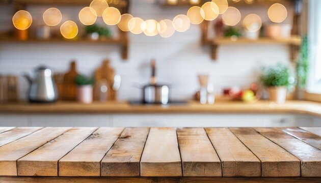 Empty Wooden Table Top With Out Of Focus Lights Bokeh Rustic Farmhouse Kitchen Background