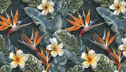 Poster tropical seamless pattern with exotic leaves strelitzia flowers hibiscus and plumeria vintage texture floral background dark watercolor 3d illustration for luxury wallpapers tapestry mural © Debbie