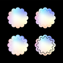 Holographic stickers. Set of hologram tag labels, iridescent foil badge stickers star shape with plain, overlay, white and black border line. Sticker mockup template. Vector illustration.