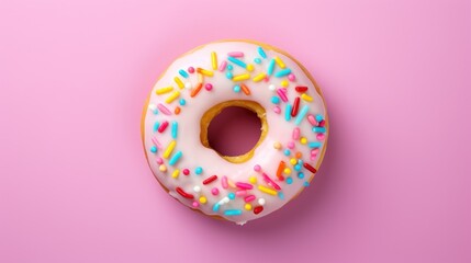 a donut with white frosting and sprinkles on a pink background with a bite taken out of it.