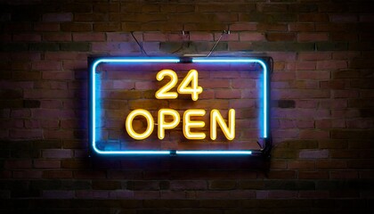 24 hours open neon sighboard on brick wall 3d rendering