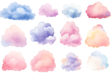 Colorful clouds isolated on white background watercolor  collection