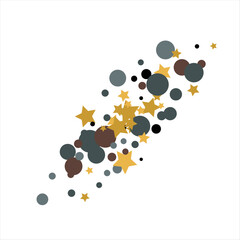 Gold, blue, brown, black confetti with circles and stars. Cosmic shine. Christmas abstract pattern. Beautiful illustration for postcard, banner, web. Background for the image. Vector illustration