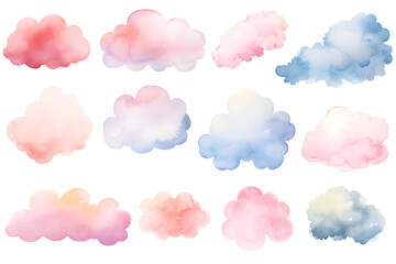 Colorful clouds isolated on white background watercolor  collection