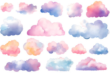 Colorful clouds isolated on white background watercolor  collection
