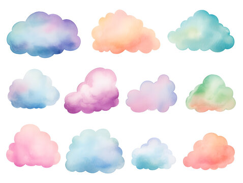 Colorful clouds isolated on white background watercolor  collection