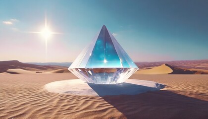 abstract fantasy alien glass spaceship on barren desert planet landscape crystal prism monolith sculpture sparkling in the sun