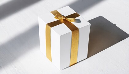 square white box mockup with golden wrapping paper and sticker on white table with shadows 3d rendering