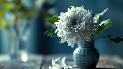A pristine white chrysanthemum stands out in a vintage vase, with a play of light and shadow enhancing its textured beauty.