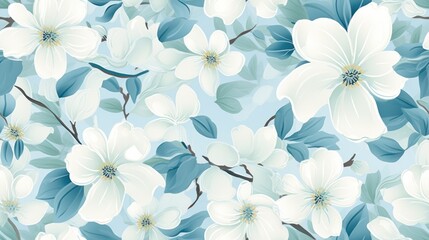 Fototapeta premium a blue and white flowered background with leaves and flowers on a light blue background with white flowers and leaves on a light blue background.