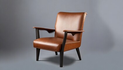 Fototapeta premium one brown leather chair on solid gray background studio light minimalism