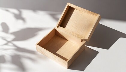 opened wooden plywood box mockup on white table with shadows 3d rendering