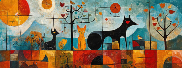 Abstract art featuring stylized animals within a geometric landscape, rich in color and imaginative in design.
