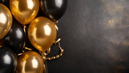 black and gold balloons background with copy space ai