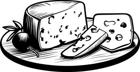 Cheese Board, charcuterie, line drawing, sketch, serving platter. AI generated illustration