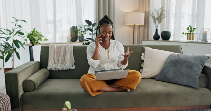 Black woman on sofa, phone call and laptop for remote work, social media or blog post research with smile in home. Happy girl on couch with computer, cellphone and online chat in house for networking